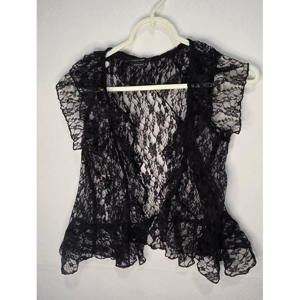 Paper Tee Black Floral Lace Ruffle Vest Sheer Open Front Cap Sleeve Medium - Picture 3 of 8